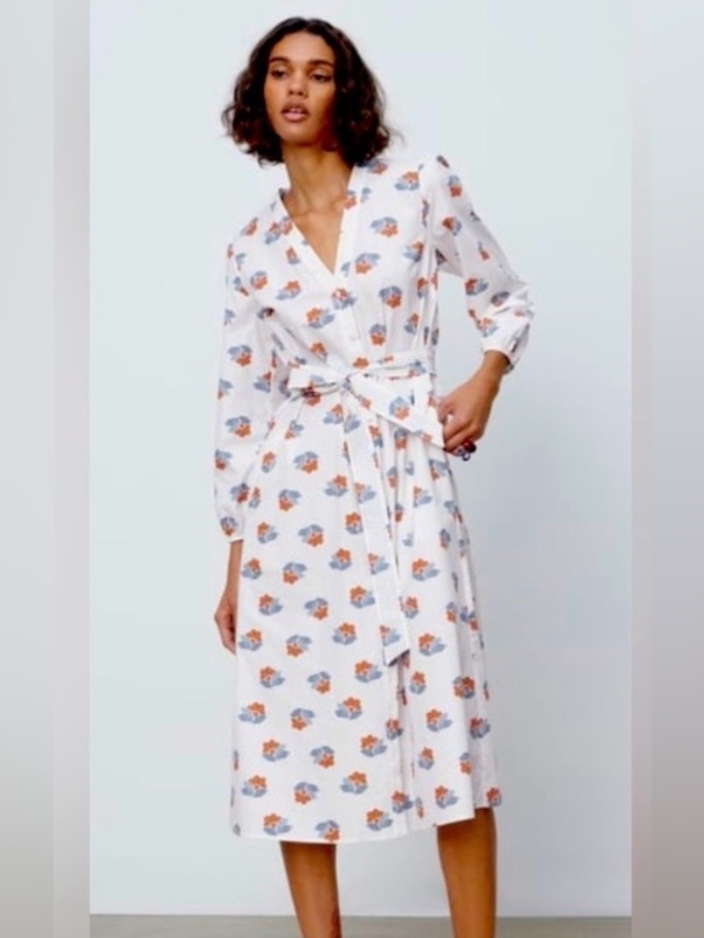 Zara Midi Shirt Dress Poplin Belted Floral White Blue w/ Pockets Size M